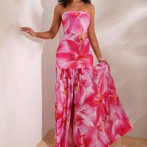 Pink Boho Women's Beach Woven Knit Floral Printed Sun Dress